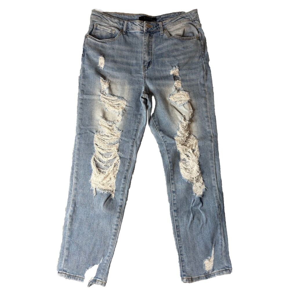 Risen Relaxed Fit Roll Up Skinny Jeans Women’s 11/30 Blue Distressed RDP1290